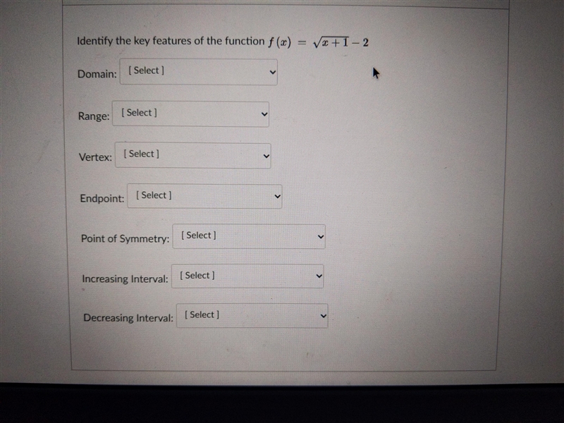 Identify the key features of f(x)=√(x+1) -2-example-1