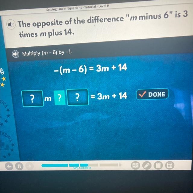 Multiply (m-6)=3m + 14-example-1