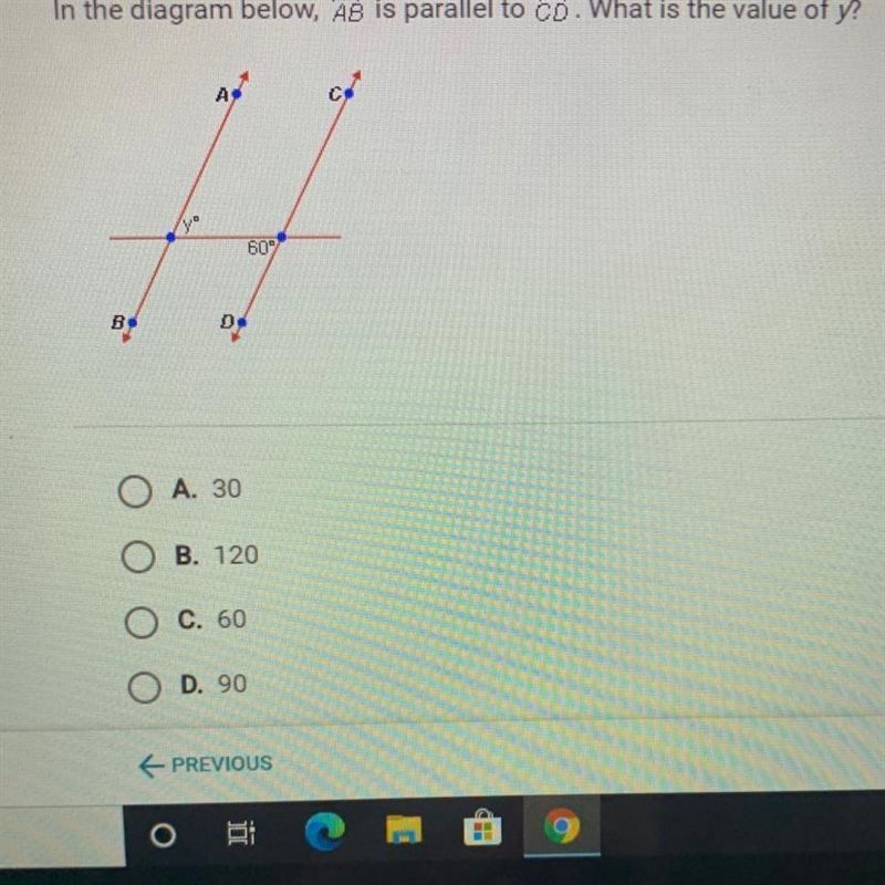 In the diagram below, AB is parallel to CD. What is the value of y?-example-1