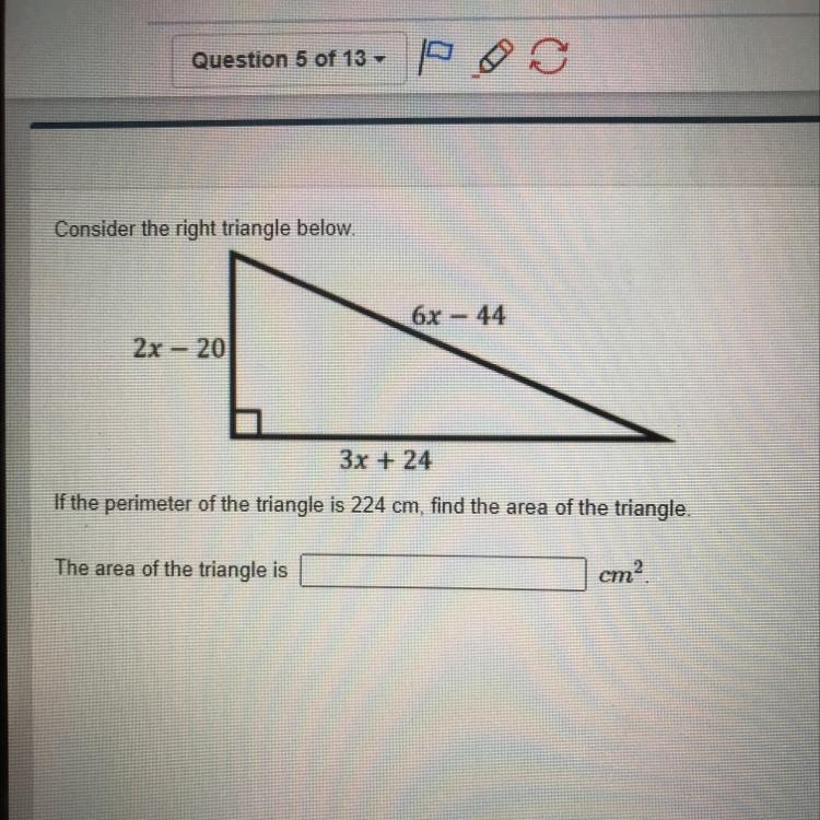 Consider the right triangle below. 6x - 44 2x - 20 3x + 24 If the perimeter of the-example-1