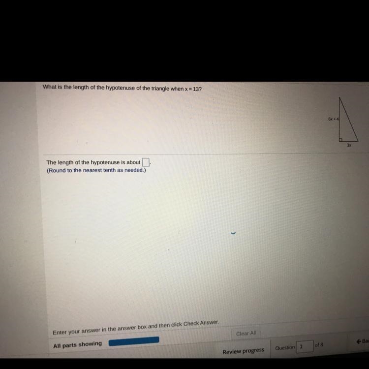 What is the length of the hypotenuse of the triangle when x=13-example-1