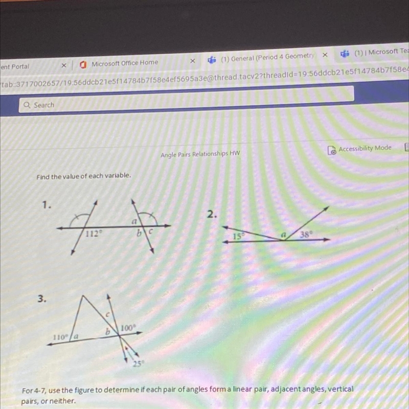 Angle Pairs Relationships HW Accessibility Mode Pictures above Find the value of each-example-1