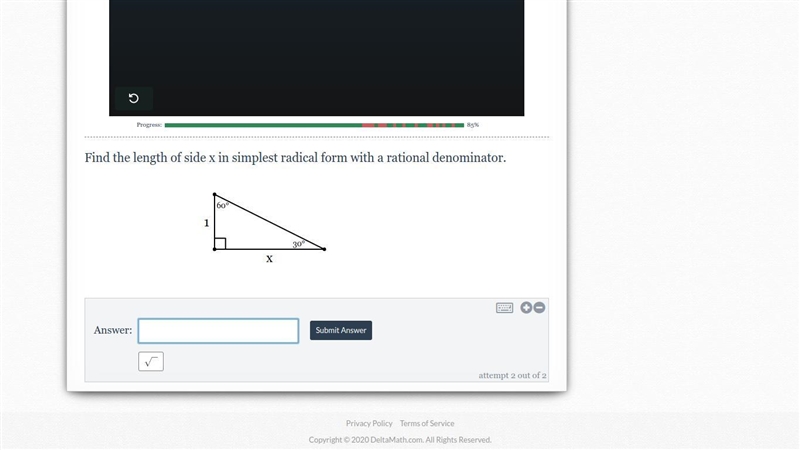 Find the length of side x in simplest radical form with a rational denominator. Can-example-1