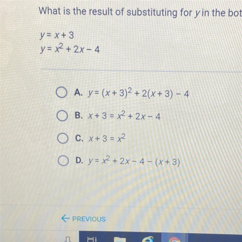 What is the result of substituting for y in the bottom equation? y = x + 3 y = x2 + 2x-example-1