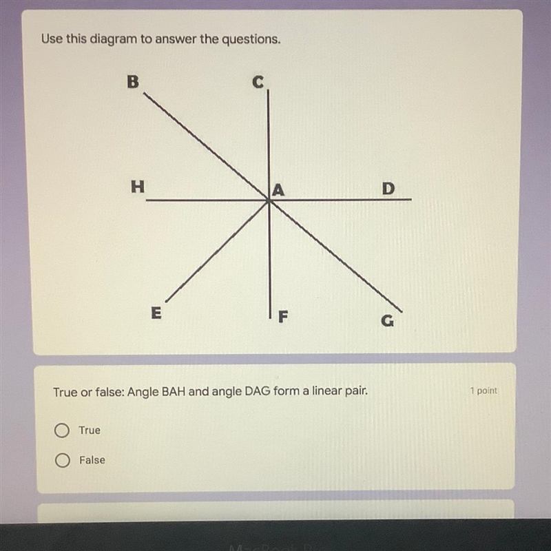 TRUE OR FALSE Angle BAH and angle DAG form linear pair.-example-1