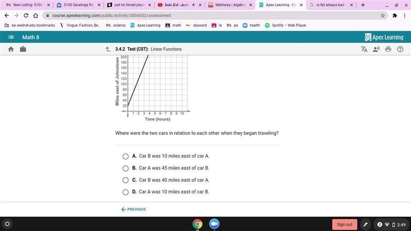 yo im timed please help!! at the top it says "car A is traveling east at a steady-example-1