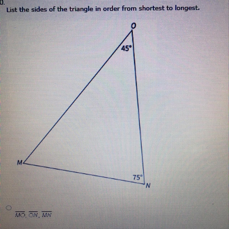 List the sides of the triangle in order from shortest to longest.-example-1