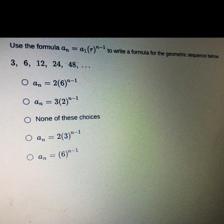 Use the formula an = aj(r)a- to write a formula for the geometric sequence below. 3, 6, 12, 24, 48, ...-example-1