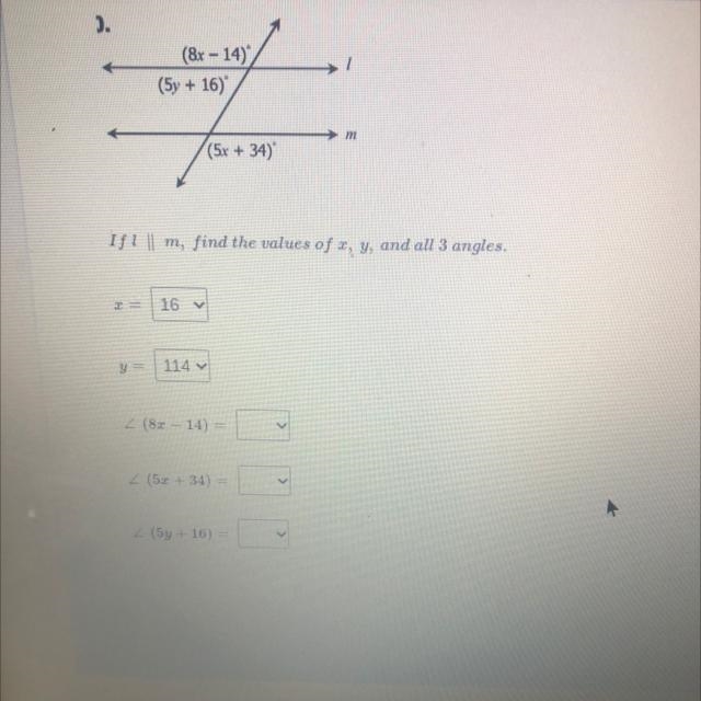 If L is parallel to M, find the values of x, y, and all 3 angles.-example-1