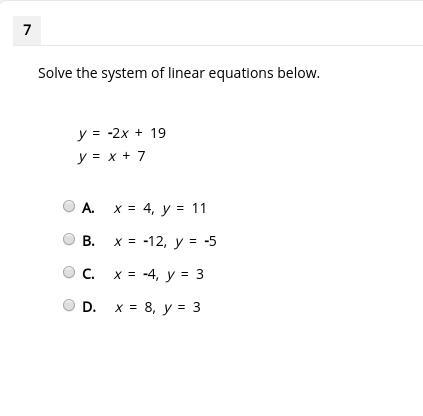 Solve the system of linear equations below. y = -2x + 19 y = x + 7-example-1