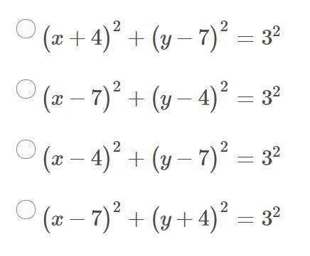 What is the equation of a circle with center (-4,7) radius 3?-example-1