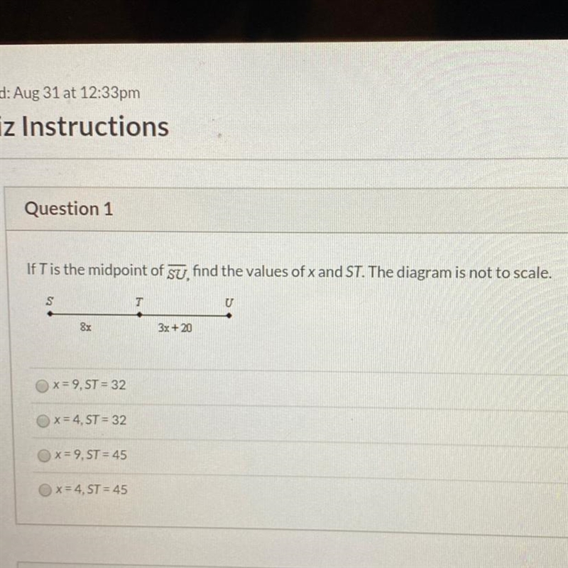 If T is the midpoint of SU find the values of x and ST .-example-1