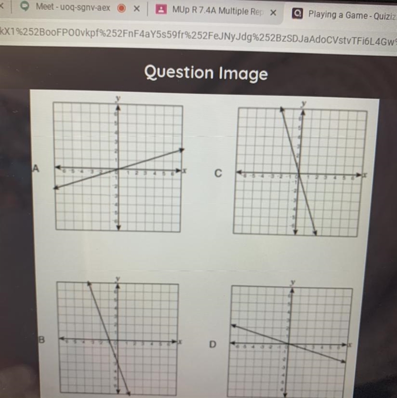 Q. Which of these graphs matches the equation y = -3x?-example-1