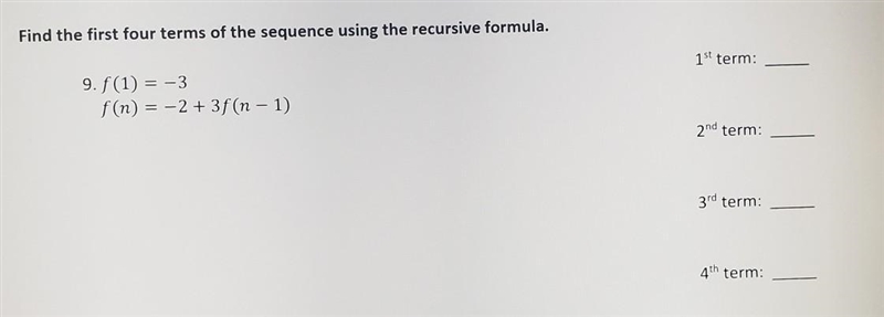 Find the first four terms of the sequence using the recursive formula. ​-example-1