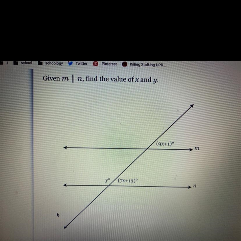 Please helpppppp Given m 11 n, find the value of x and y. (9x+1) m jo (7x+13) n-example-1