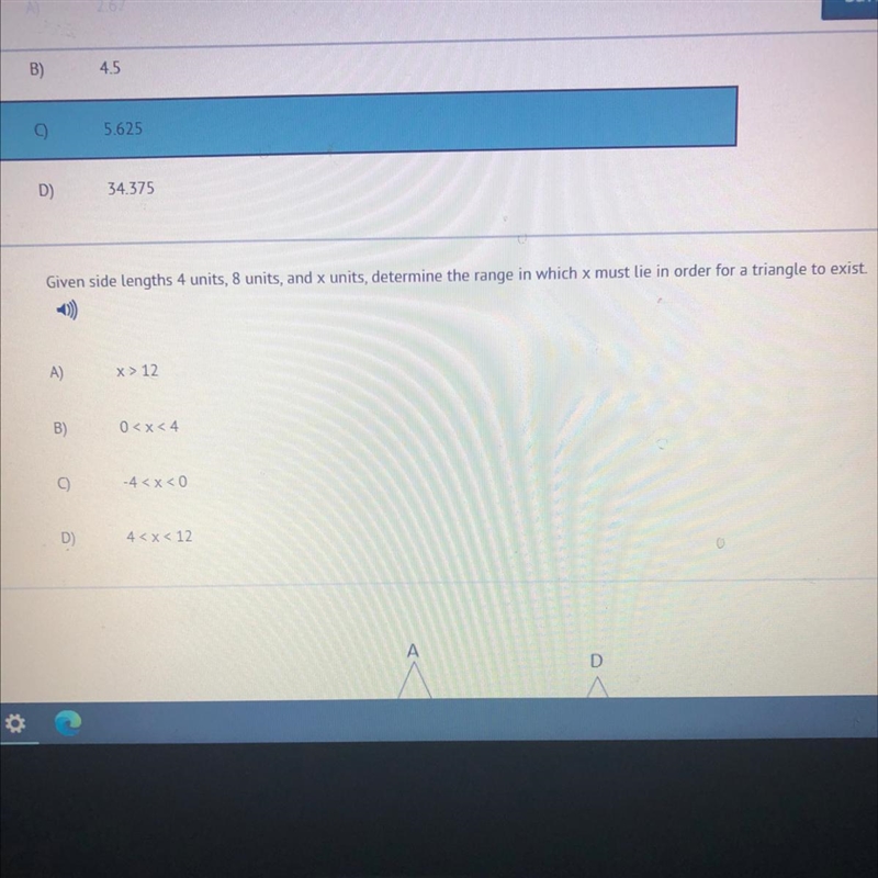 Given side lengths 4 units, 8 units, and x units, determine the range in which x must-example-1