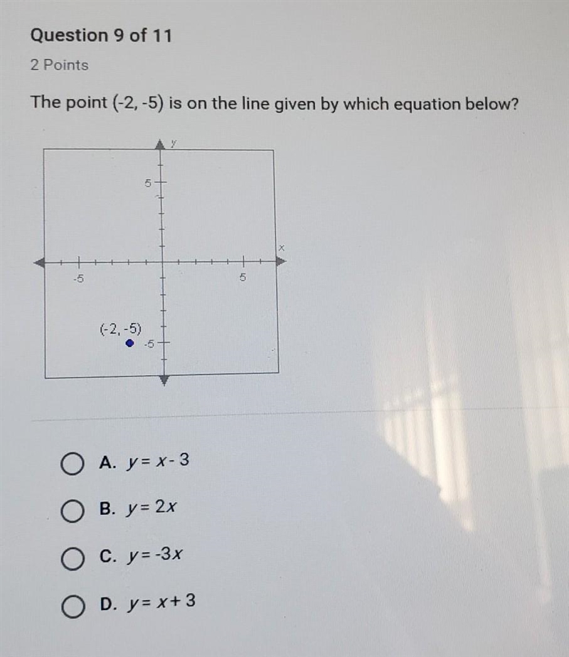 The point (-2, - 5) is on the line given by which equation below?​-example-1