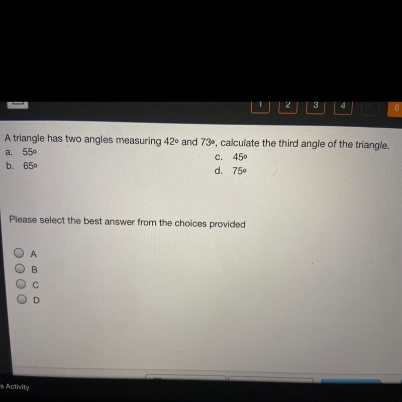 C D A triangle has two angles measuring 420 and 739, calculate the third angle of-example-1