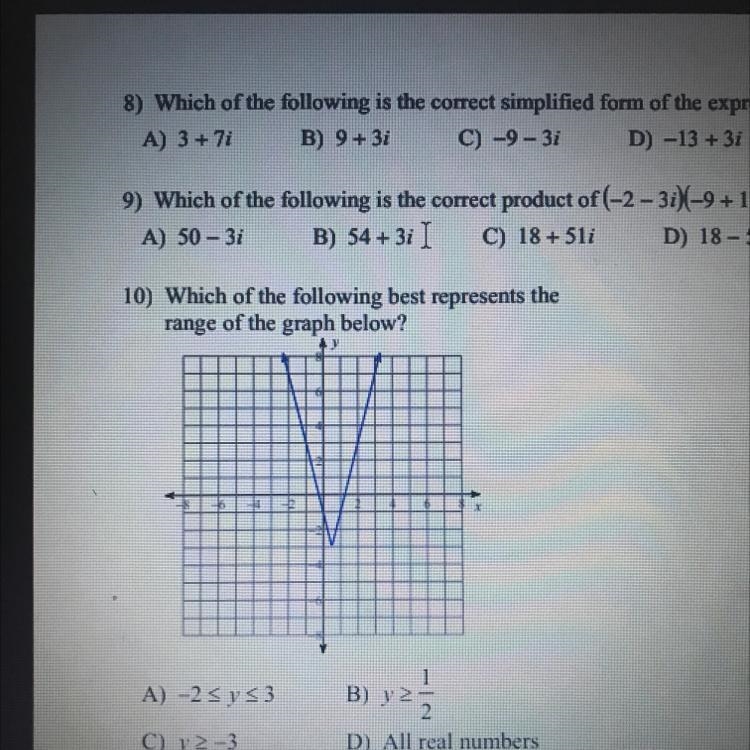 10) Which of the following best represents the range of the graph below? A) -2 y &lt-example-1