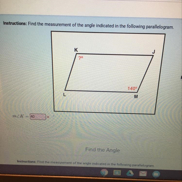 Instructions: Find the measurement of the angle indicated in the following parallelogram-example-1