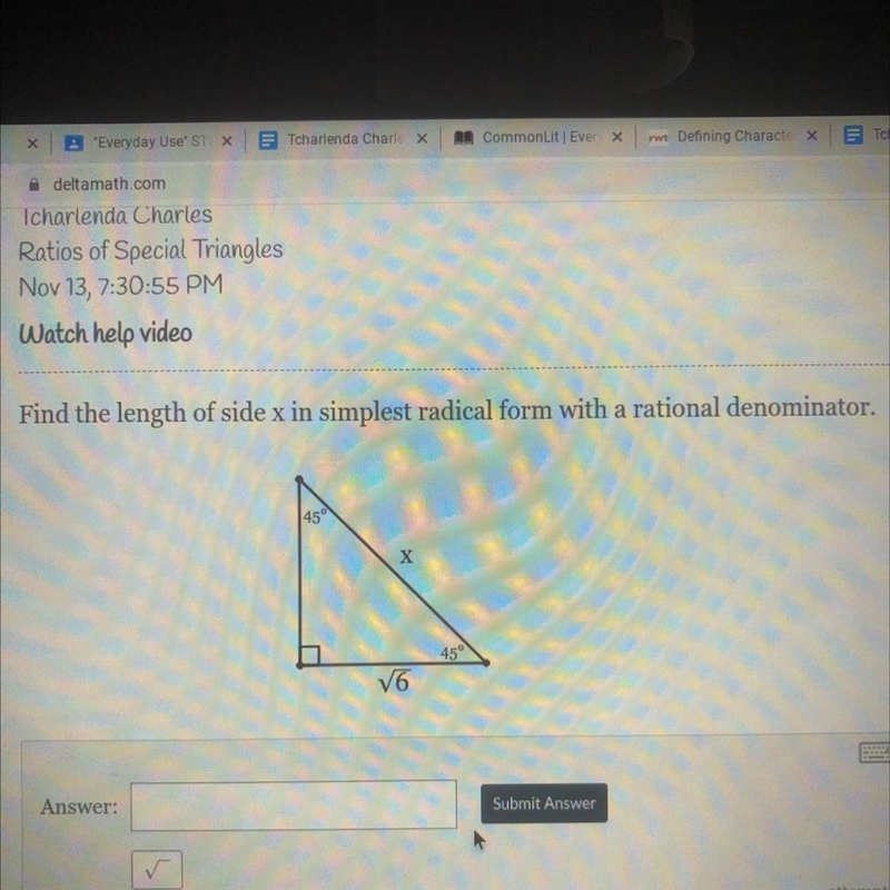 Find the length of side x in simplest radical form with a rational denominator.-example-1