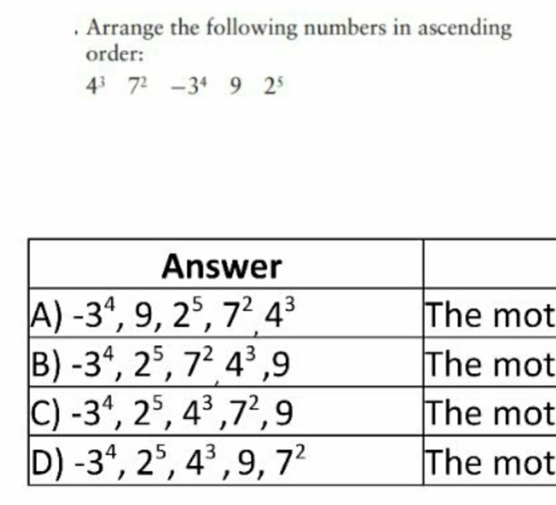 Arrange the following numbers in ascending order : 4³, 7² , -3⁴ , 9 , 2⁵ ​-example-1