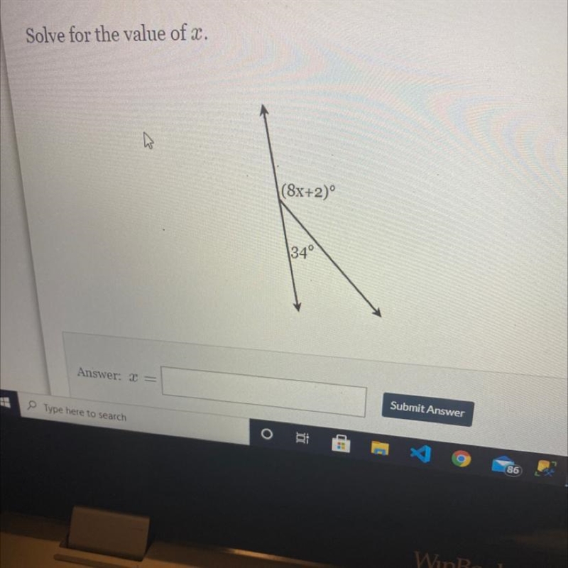 Solve for the value of x. (8x+2) 34°-example-1