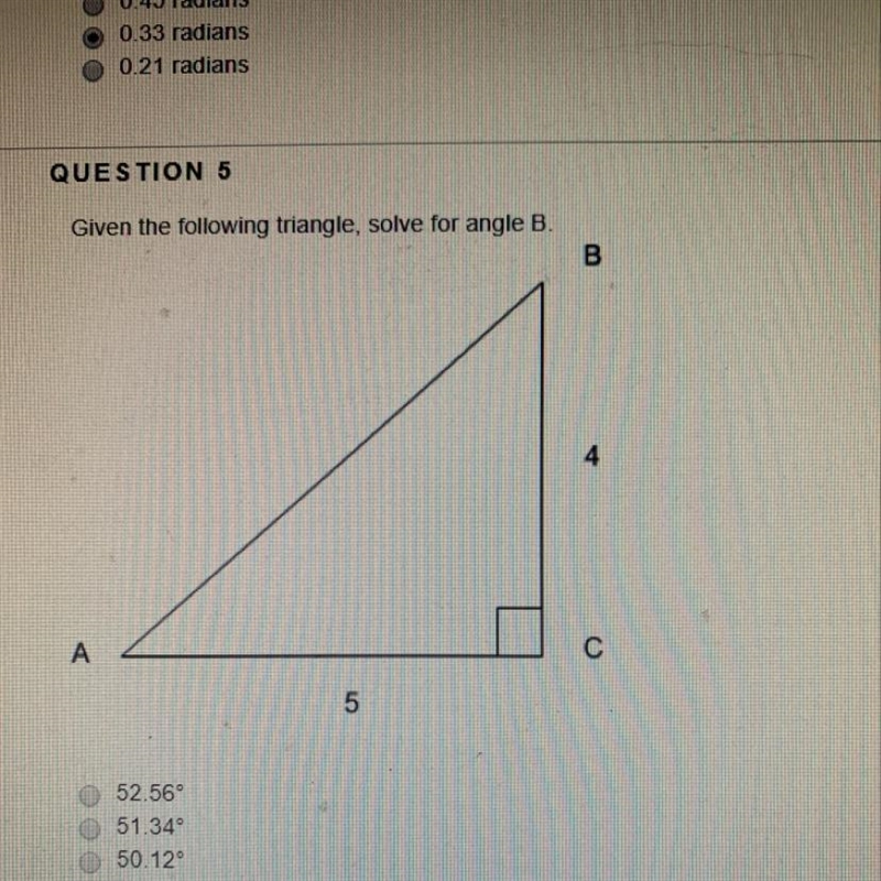 Given the following triangle, solve for angle B. A. 52.56 B. 51.34 C. 50.12 D. 49.34-example-1