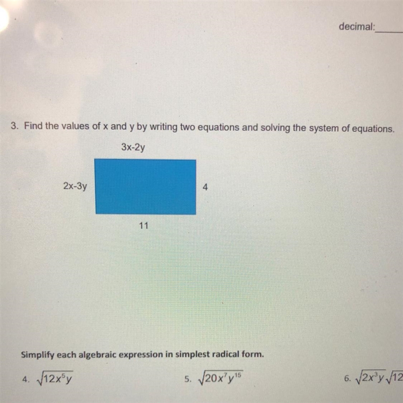 Find the values of x and y by writing two equations and solving the system of equations-example-1