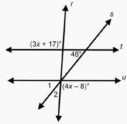 Parallel lines t and u are cut by two transversals, r and s, which intersect line-example-1