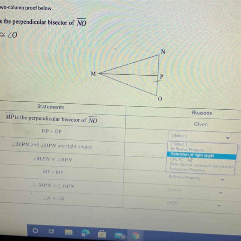 Why is Np=Op Reflective property Definition of right angle Cpctc Definition of perpendicular-example-1