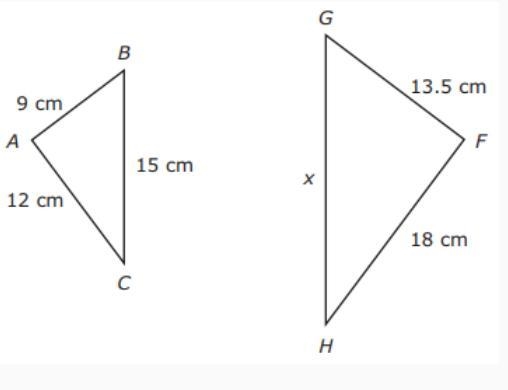 Triangle ABC is similar to triangle FGH. What is the value of x in centimeters? 22.5 cm-example-1