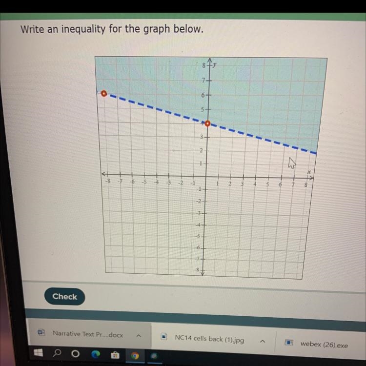 Write an inequality for the graph below-example-1