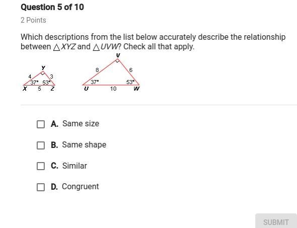 which descriptions from the list below describe the relationship between xyz and uvw-example-1