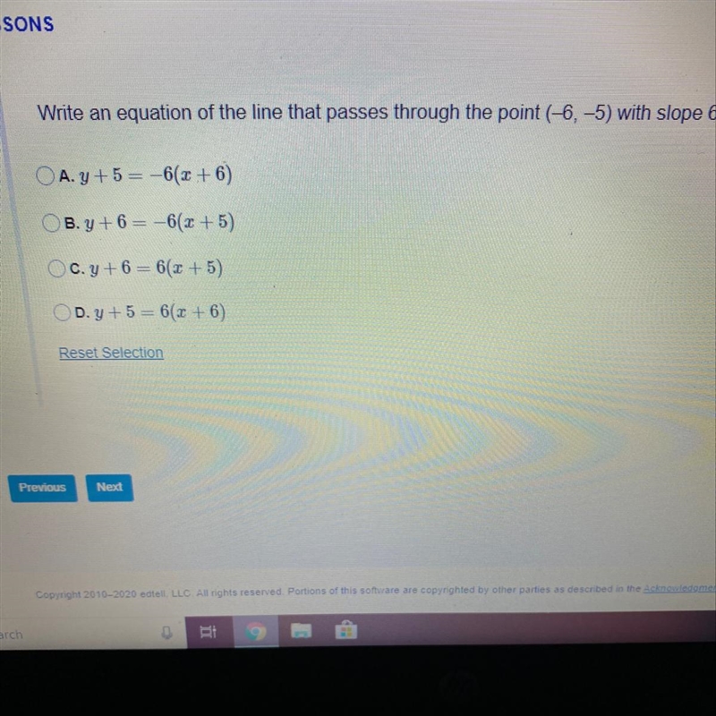 Write an equation of the line that passes through the point (-6, -5) with slope 6. A-example-1