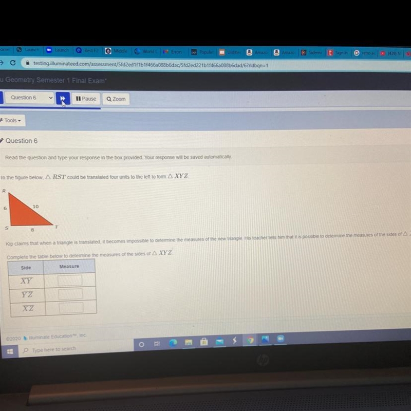 Kip claims that when a triangle is translated, it becomes impossible to determine-example-1