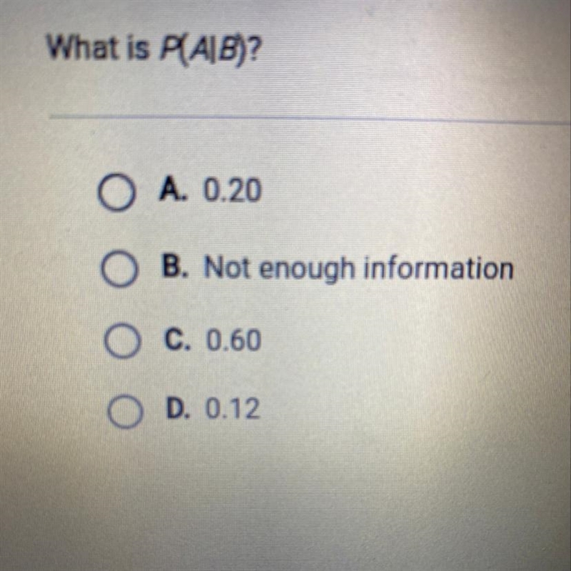 A and Bare independent events. P(A) = 0.60 P(B) = 0.20 What is P(ALB)?-example-1