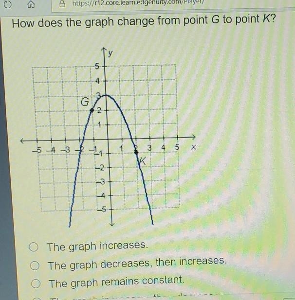 A. the graph increases B. the graph decreases then increases C. the graph remains-example-1