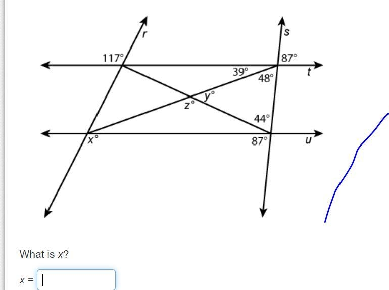 Lines r, s, t, and u intersect as shown below. What is x?-example-1