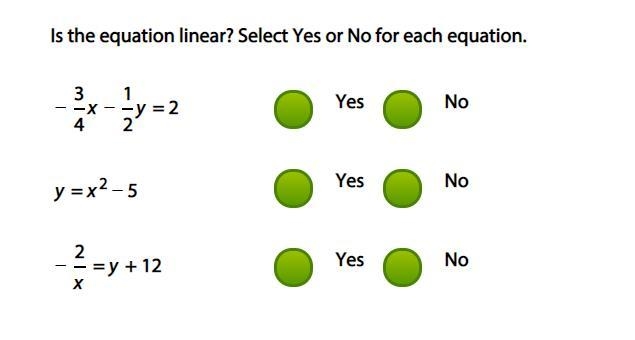 Is the equation linear? Select Yes or No for each equation.-example-1