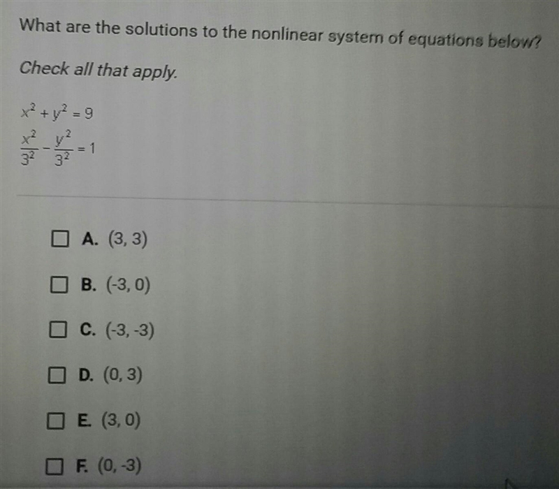 What are the solutions to the nonlinear system of equations below? Check all that-example-1