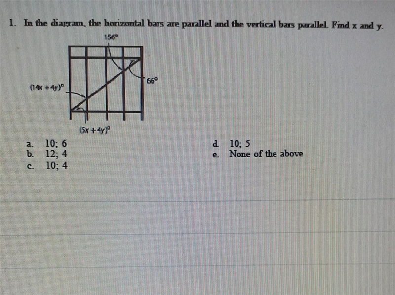 In the diagram, the horizontal bars are parallel. Find x and y. ​-example-1