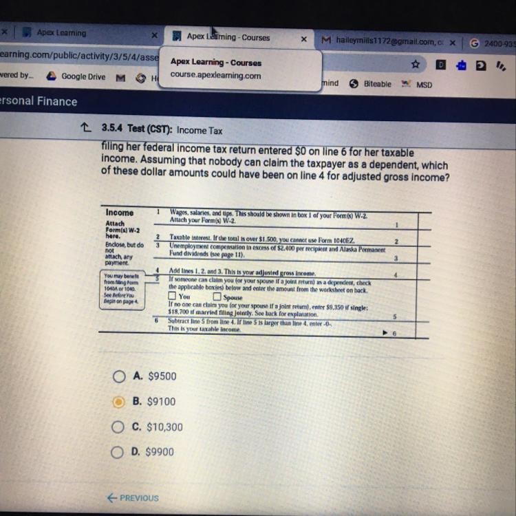 In the Income section shown below from the 1040EZ form, a single taxpayer filing her-example-1