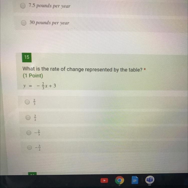 15 What is the rate of change represented by the table? * (1 Point) y = - ſx +3-example-1