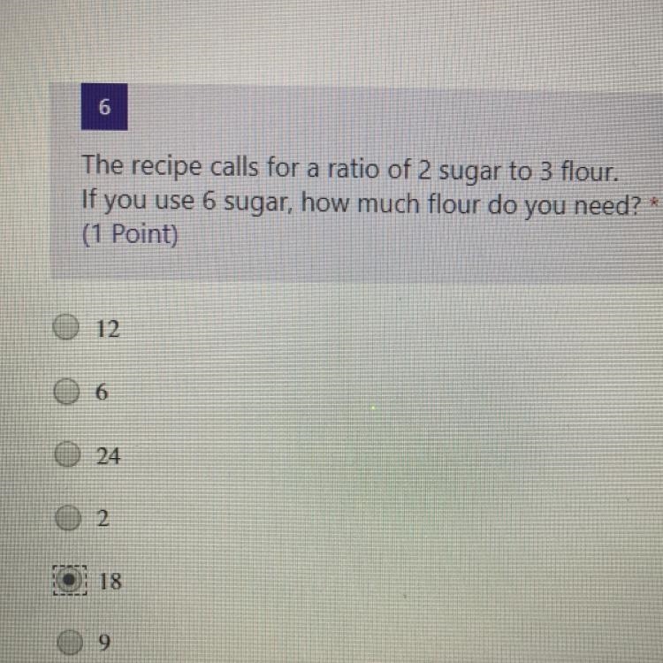 The recipe calls for a ratio of 2 sugar to 3 flour. If you use 6 sugar, how much flour-example-1