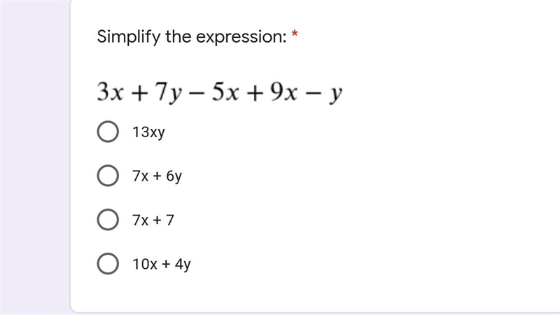 Simplify the expression: 3x + 7y - 5x + 9x - y-example-1