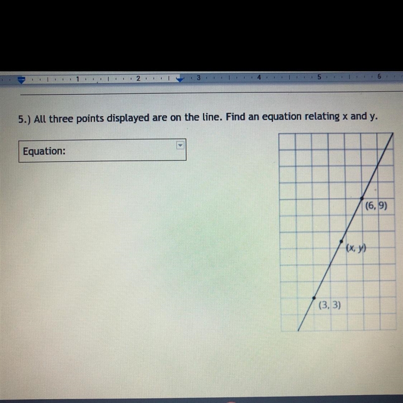 All three points displayed are on line. Find an equation relation x and y-example-1