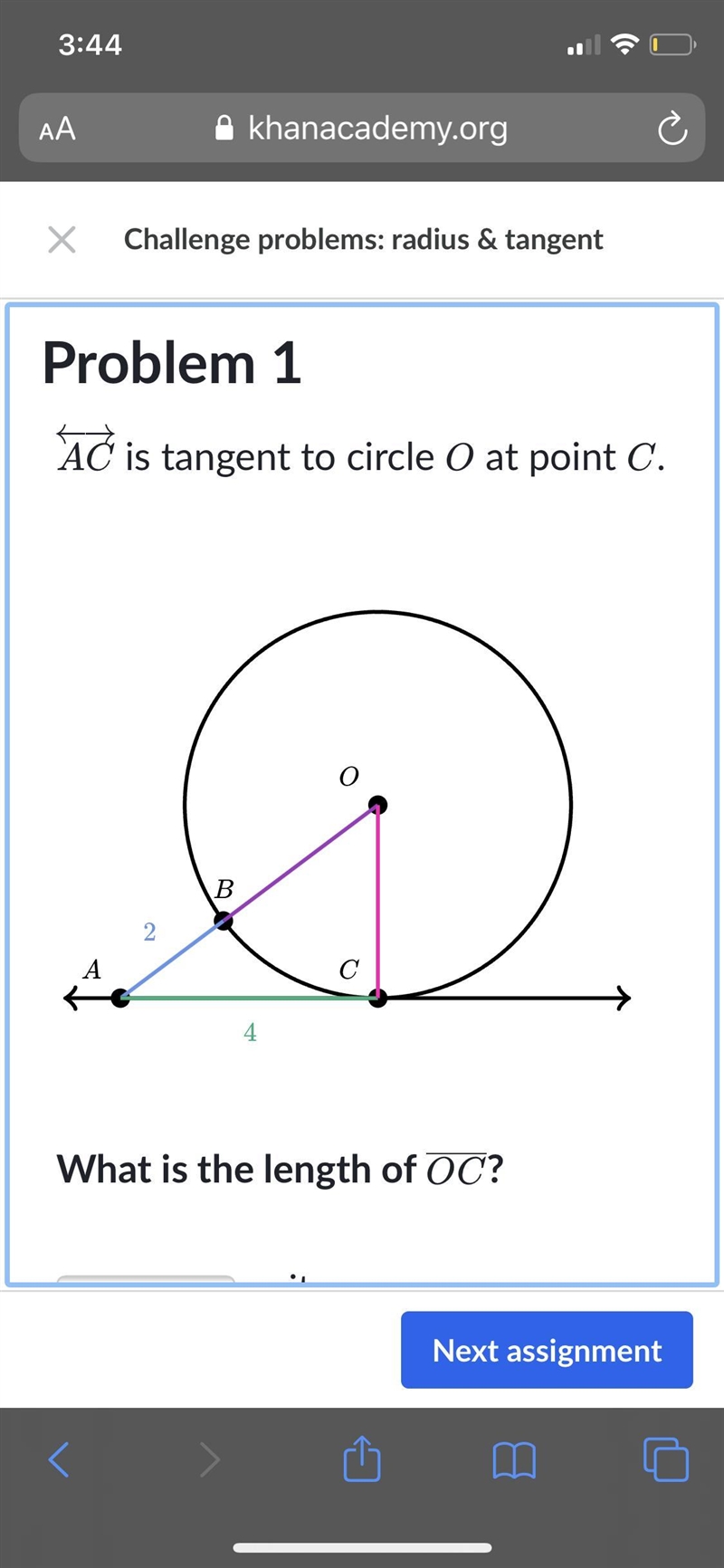 AC is tangent to circle O at point C. What is the length of OC-example-1