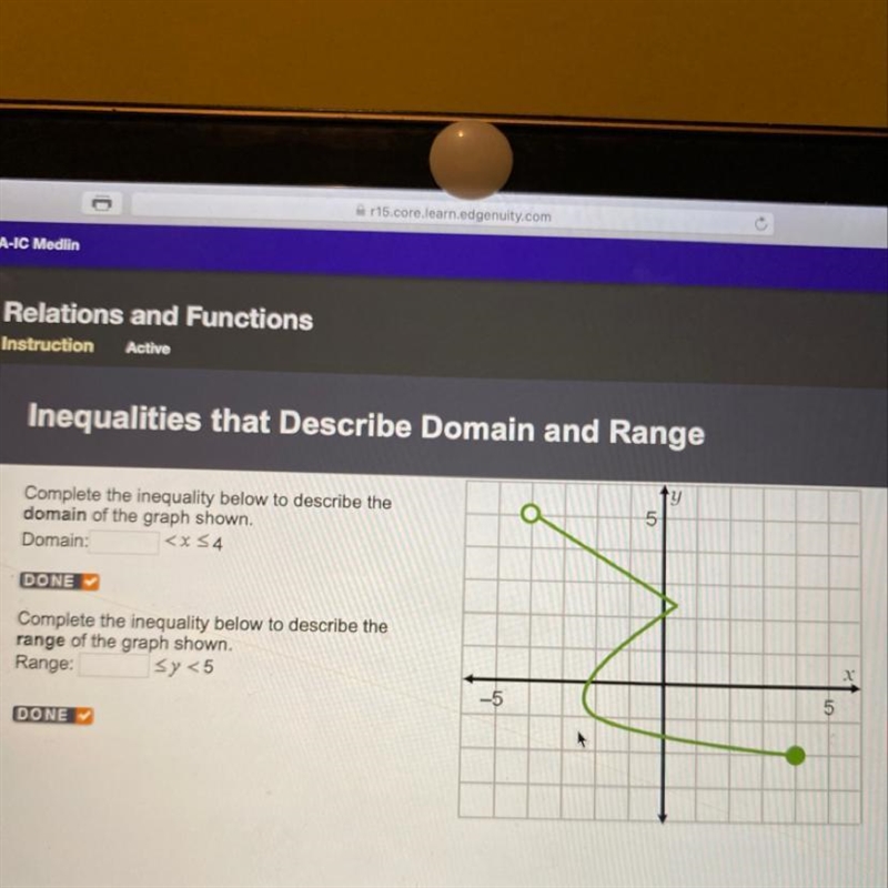 Complete the inequality below to describe the domain of the graph shown. Domain: DONE-example-1