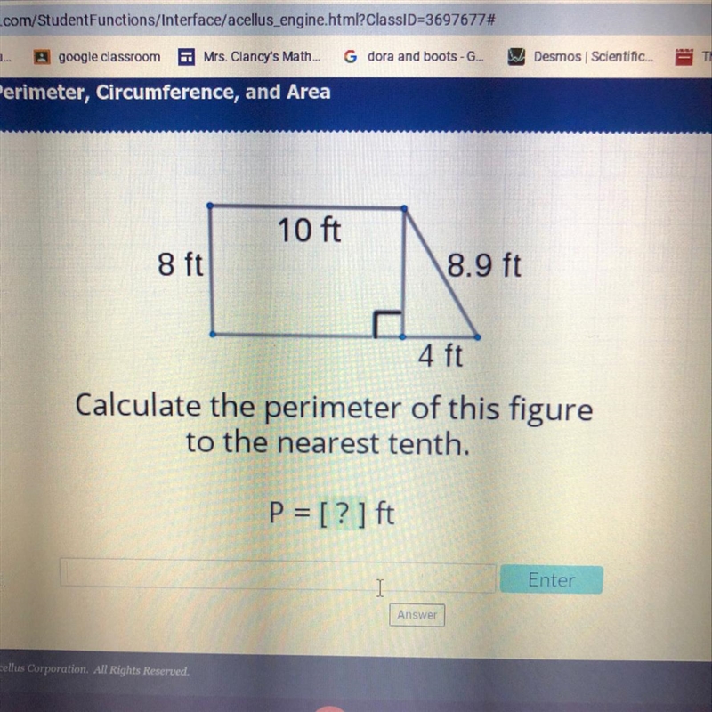 10 ft 8 ft 8.9 ft 4 ft Calculate the perimeter of this figure to the nearest 10th-example-1